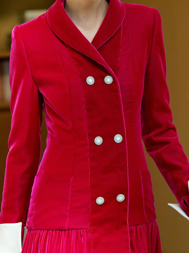 Red velvet slim button long dress