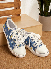 Casual strappy flower printed denim shoes