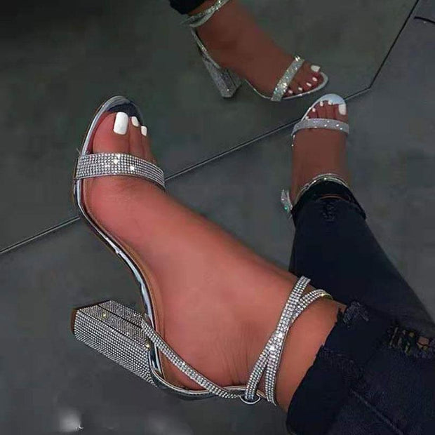 Women Fashion Rhinestone Buckle Strap High Heel Sandals