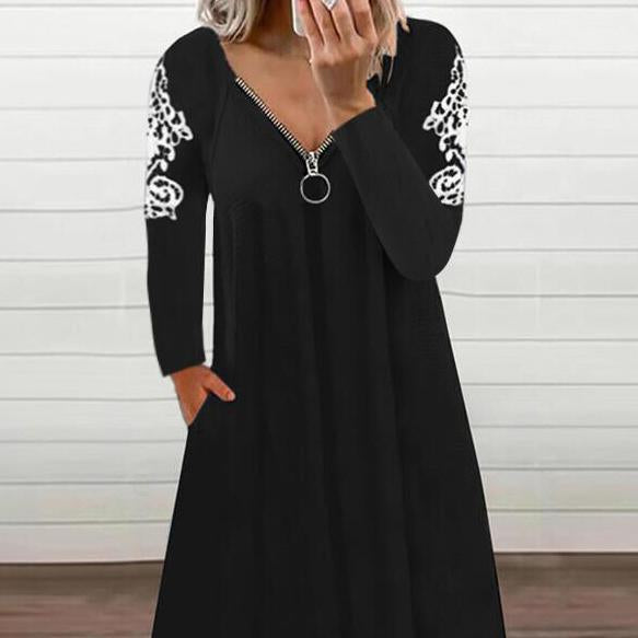 Black zipper long sleeve printed dress