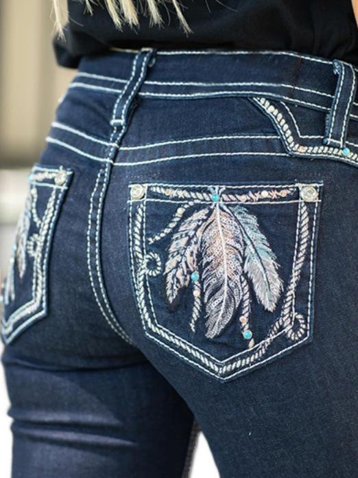 Feather embroidery blue jeans