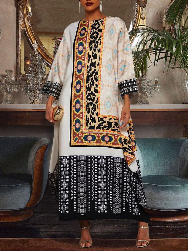 Daily round neck printed long sleeve maxi dress