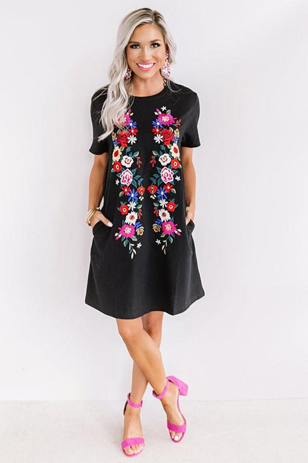 Black floral embroidery short sleeve dress