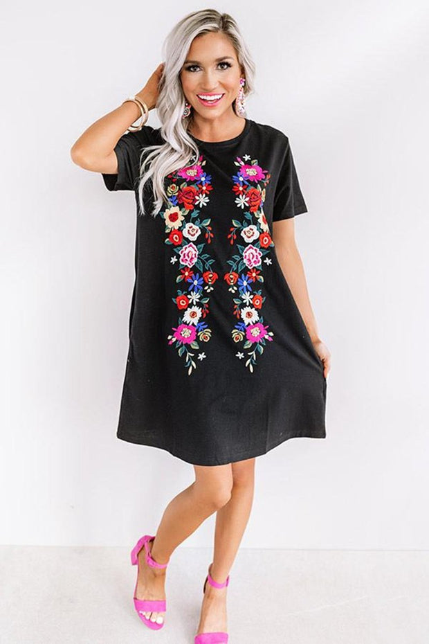 Black floral embroidery short sleeve dress