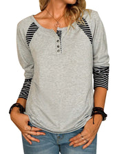 Round neck striped button collar long sleeve top