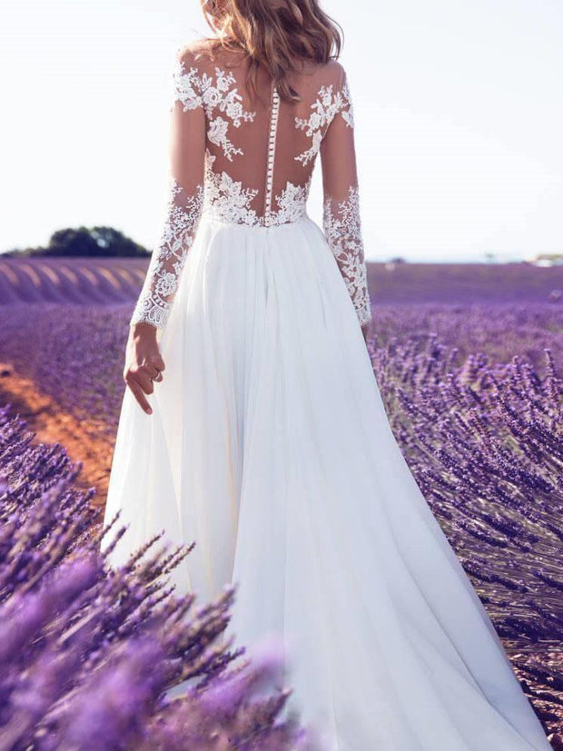 Sexy long sleeve perspective lace split wedding dress
