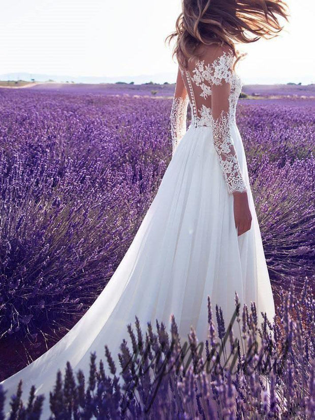 Sexy long sleeve perspective lace split wedding dress