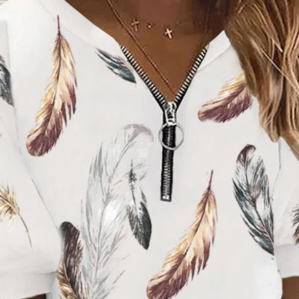 Zipper v neck feather printed top