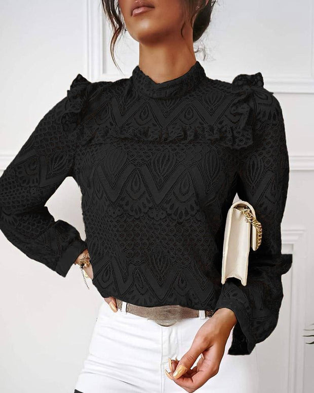 Fashion sexy lace pleated stitching long sleeve top