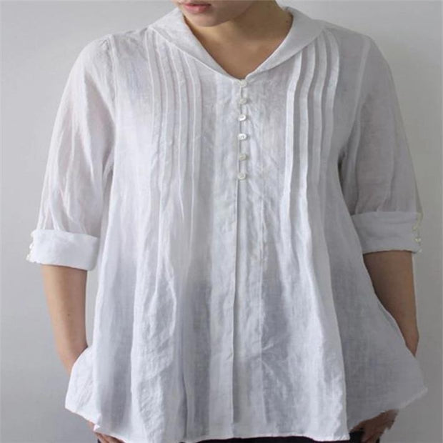 Pure white cotton&linen pleated button top – Iount