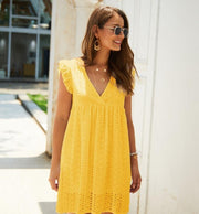 V-necked leisure hollow lace dress