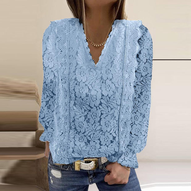 V-necked pure color pullover lace top