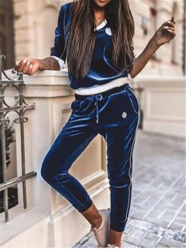 V-neck blue&white joint women casual suit