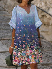 Flower printed gradient blue women dress
