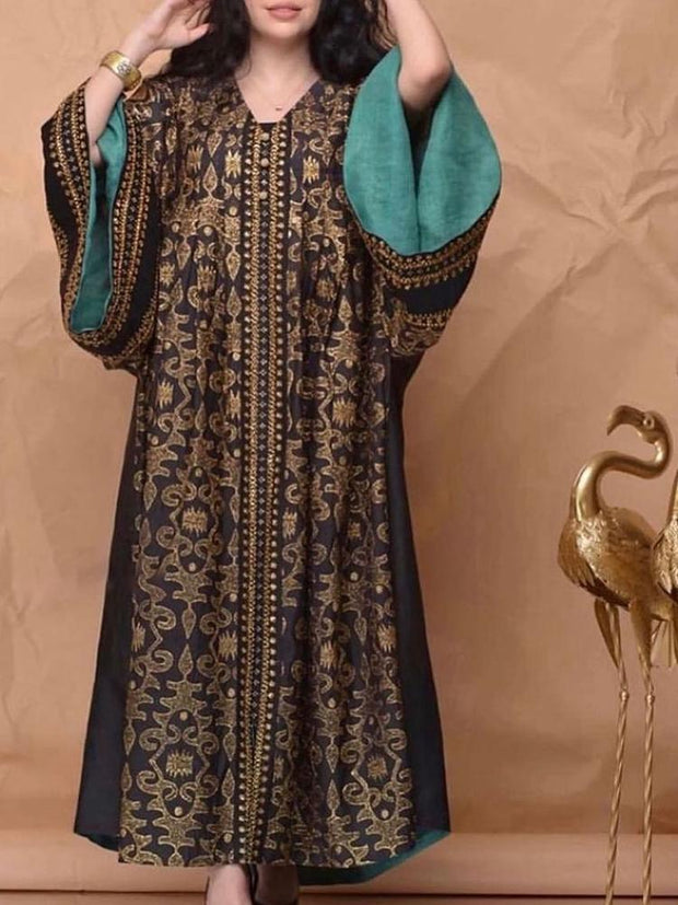 V-neck bronzing embroidery long sleeve maxi dress