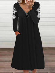 Black zipper long sleeve printed dress