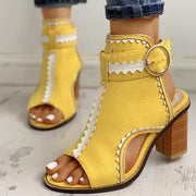 Open toed color block coarse heel shoes