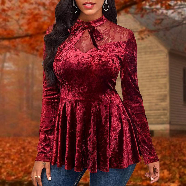 Red lace-up velvet lace top