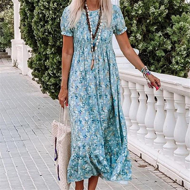Blue floral slim pleated women summer dress