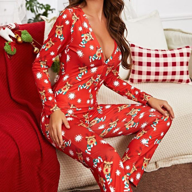 Sexy low-cut printed pajama jumpsuit