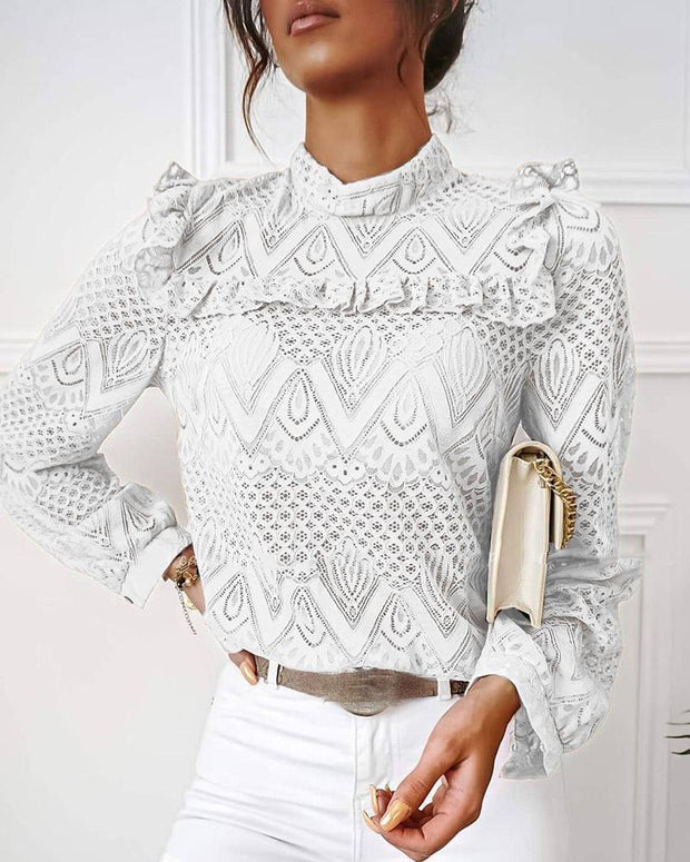 Fashion sexy lace pleated stitching long sleeve top